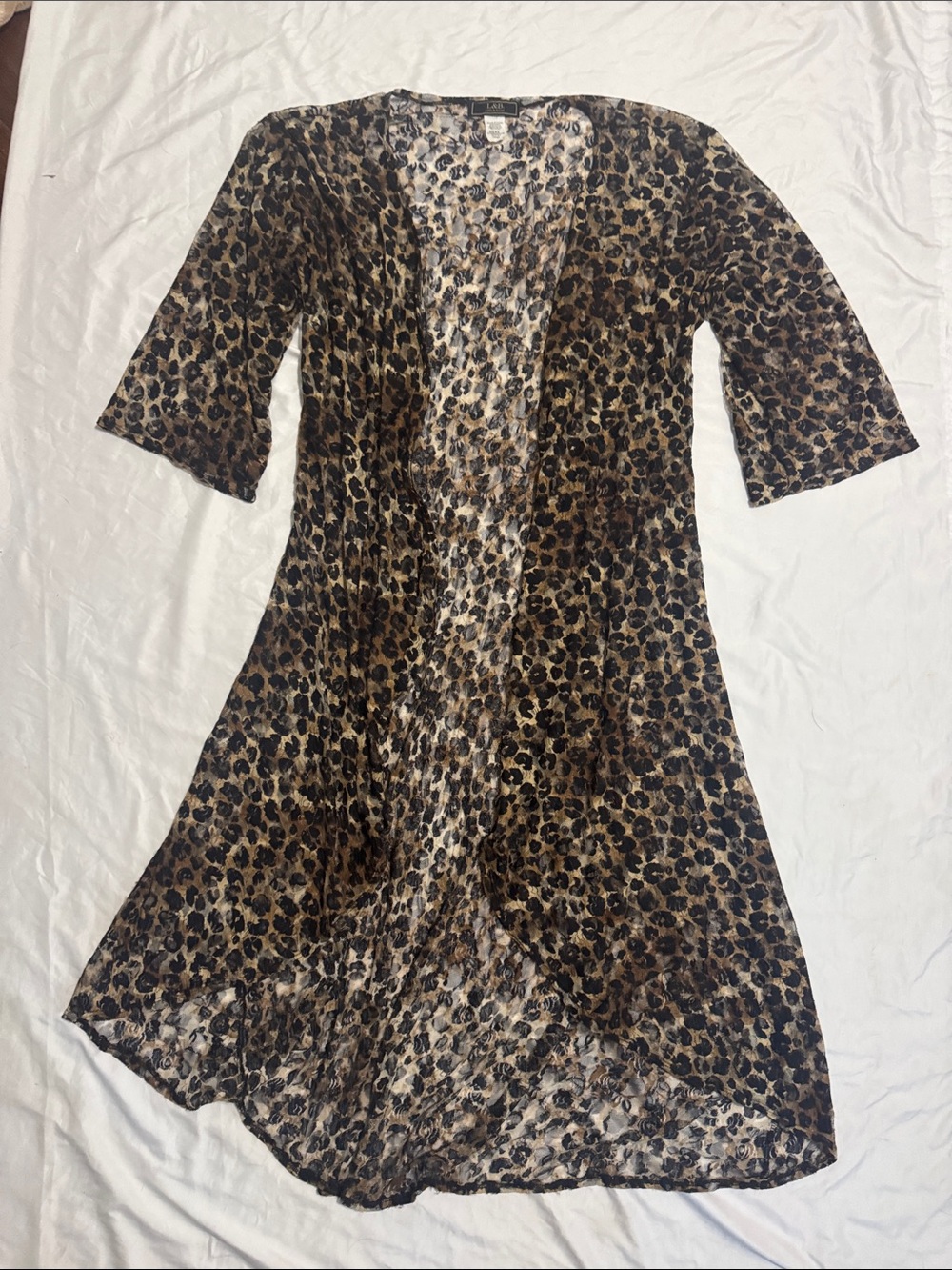 Lucky & Blessed Leopard Print Sheer Mesh Kimono Cardigan High Low Duster Top L - Picture 2 of 6